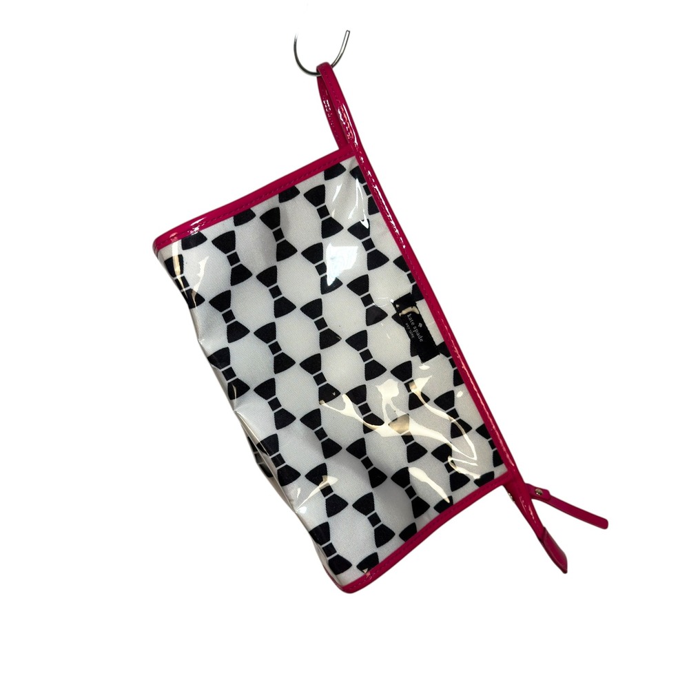 Kate Spade Cosmetic Pouch OS Pink Black Bow Print Clear Wristlet Preppy Girly